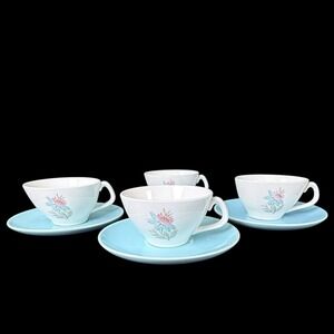 Steubenville Fairlane Tea Cups and Saucers Set of 4 Pink Blue Floral Vintage